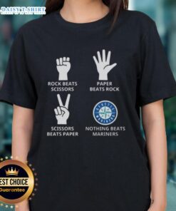 Seattle Mariners ladies tee featuring 'Nothing Beats Rock, Scissors, Paper Beats Rock, Scissors Beats Paper' design.