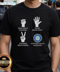 Alt Text: Seattle Mariners t-shirt featuring 'Nothing Beats Rock, Paper, Scissors' design, perfect for fans and game lovers.