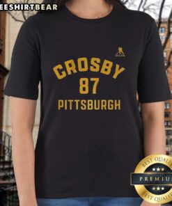 Alt Text: Ladies tee featuring Sidney Crosby's name and number 87 for Pittsburgh Penguins ice hockey fans.
