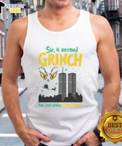 Funny 'Nice Sir, A Second Grinch Has Just Stolen Christmas' tank top design featuring a whimsical Grinch illustration.