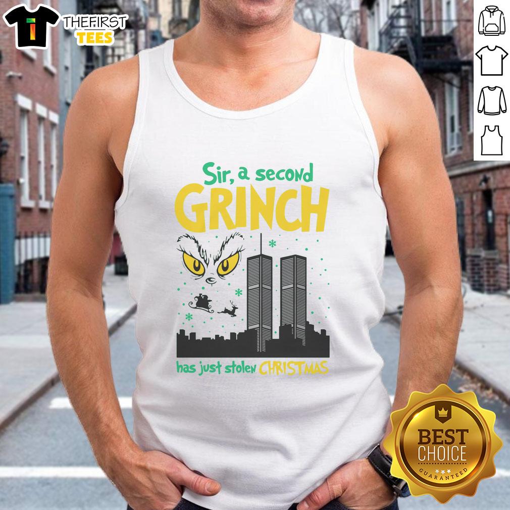 nice-sir-a-second-grinch-has-just-stolen-christmas-tank-top Funny 'Nice Sir, A Second Grinch Has Just Stolen Christmas' tank top design featuring a whimsical Grinch illustration.