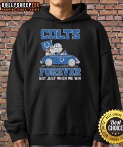 Alt Text: Snoopy and Woodstock in an Indianapolis Colts car, wearing a hoodie that says Forever, Not Just When We Win.
