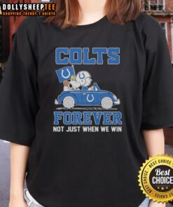 Alt Text: Snoopy and Woodstock riding an Indianapolis Colts car on a ladies tee, celebrating fandom beyond just winning.