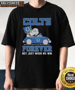 Snoopy and Woodstock riding an Indianapolis Colts car on a fun T-shirt, celebrating team spirit all year round.