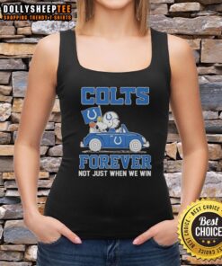 Alt Text: Snoopy and Woodstock in Indianapolis Colts car, showcasing Forever, Not Just When We Win tank top design.