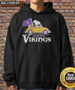 Snoopy and Woodstock in a Minnesota Vikings football car logo hoodie, showcasing a fun and playful design.