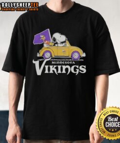 Alt Text: Snoopy and Woodstock riding in a Minnesota Vikings football car on a fun graphic t-shirt design.