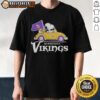 Alt Text: Snoopy and Woodstock riding in a Minnesota Vikings football car on a fun graphic t-shirt design.