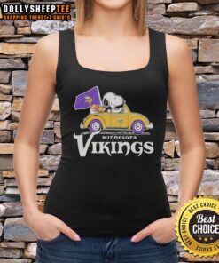 Alt Text: Snoopy and Woodstock in a Minnesota Vikings football car logo tank top, perfect for fans and summer outings.