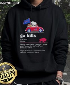 Snoopy driving a car in a Buffalo Bills hoodie, spreading vibes of hello, goodbye, and have a nice day.
