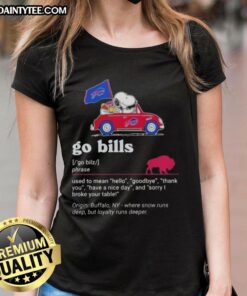 Alt Text: Snoopy driving a car, wearing a Buffalo Bills shirt, with 'Hello, Goodbye, Thank You, Have A Nice Day' text on a ladies tee.