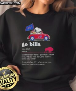 Snoopy driving a car in Buffalo Bills sweatshirt, spreading cheer with 'Hello, Goodbye, Thank You, Have A Nice Day' message.