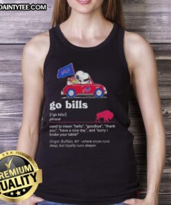 Alt Text: Cute Snoopy driving a car with Buffalo Bills theme, wearing a tank top saying 'Hello, Goodbye, Thank You, Have A Nice Day'.