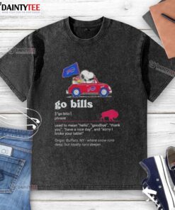 Snoopy driving a car in a Buffalo Bills themed washed t-shirt, expressing hello, goodbye, and thank you.
