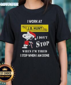 Alt Text: Christmas Ladies Tee featuring Snoopy with 'I work at J.B. Hunt. I don't stop when I'm tired, I stop when I'm done.'