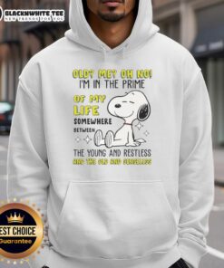 Cozy hoodie featuring Snoopy with text 'Oh No, I'm in the Prime of My Life' - perfect for fans of the Young and Restless.