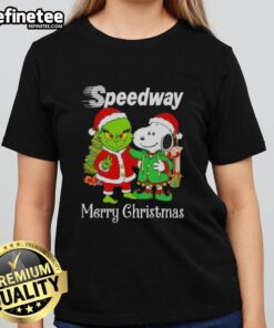 Nice Speedway X Grinch and Snoopy Merry Christmas ladies tee featuring festive designs for holiday cheer.