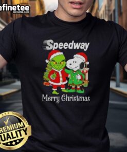 Nice Speedway X Grinch and Snoopy Merry Christmas T-Shirt featuring festive designs perfect for holiday celebrations.