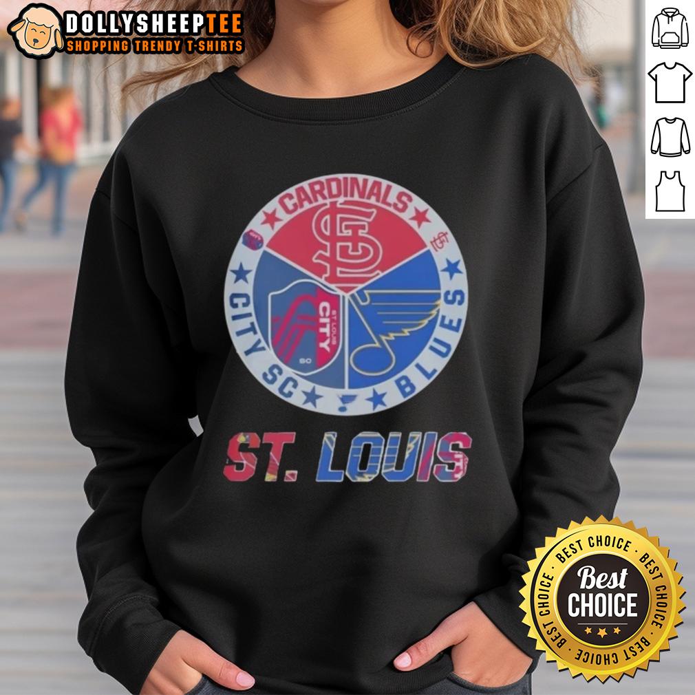 Nice St Louis Cardinals St Louis Blues St Louis City Sc Sweatshirt Alt Text: Cozy St. Louis Cardinals and Blues sweatshirt showcasing team logos, perfect for St. Louis sports fans.