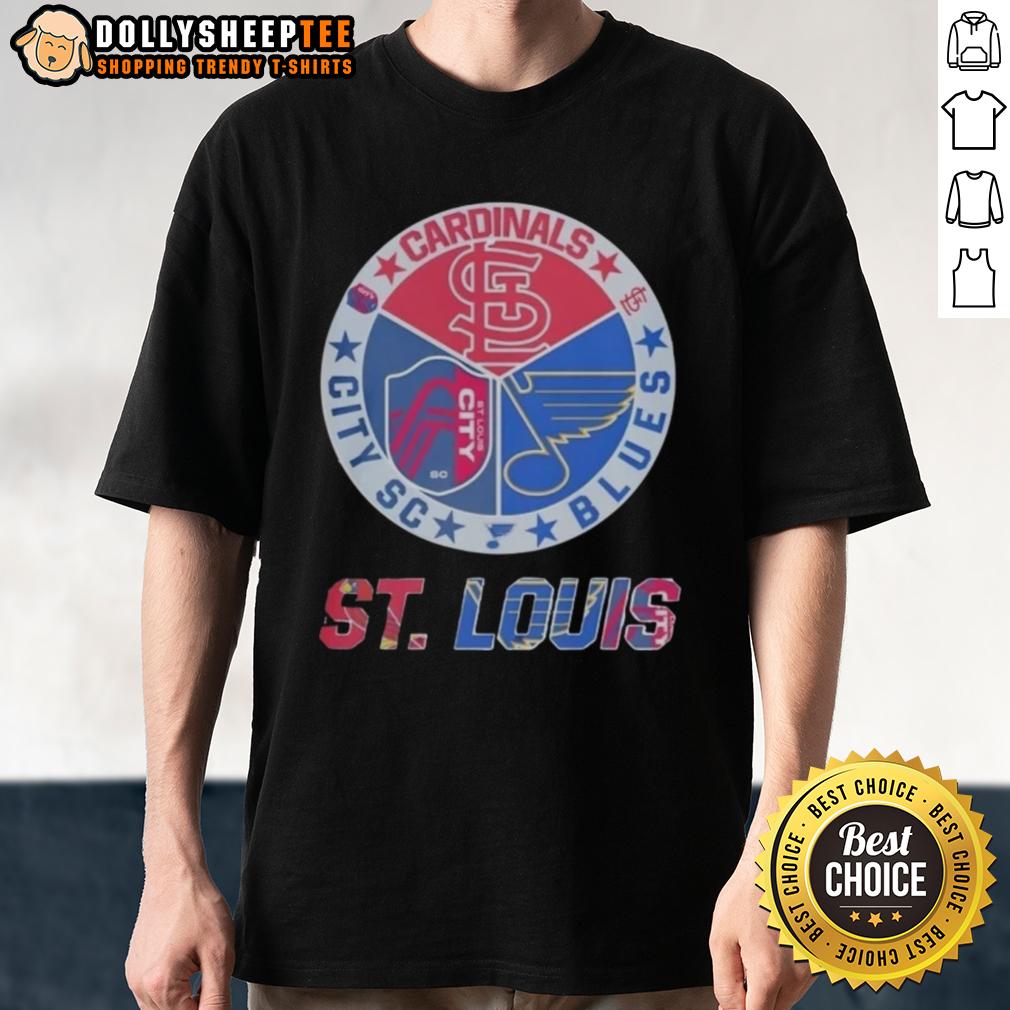 Nice St Louis Cardinals St Louis Blues St Louis City Sc T Shirt Stylish St. Louis Cardinals, Blues, and City SC T-shirt showcasing team logos and vibrant colors for sports fans.