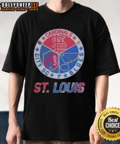 Stylish St. Louis Cardinals, Blues, and City SC T-shirt showcasing team logos and vibrant colors for sports fans.