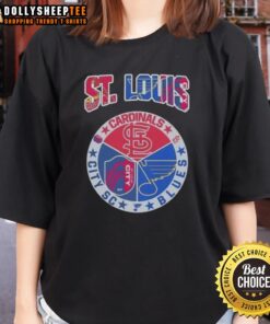 Stylish ladies tee featuring St. Louis Cardinals and Blues logos, perfect for fans in St. Louis City, SC.