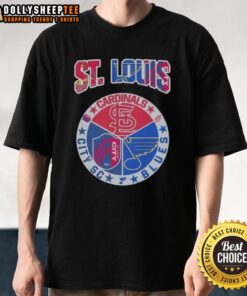 Stylish St. Louis T-Shirt featuring Cardinals, Blues, and City SC logos, perfect for sports fans in St. Louis.