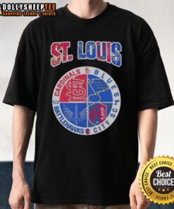 Stylish St Louis t-shirt featuring St Louis Cardinals, Blues, Battlehawks, and City SC logos, perfect for sports fans.