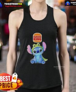 Cosplayer wearing Nice Stitch Crocodile X Burger King tank top, showcasing a fun and colorful design at a comic convention.