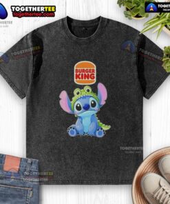 Alt Text: Nice Stitch Cosplay Crocodile X Burger King washed t-shirt featuring vibrant colors and unique design for fans.