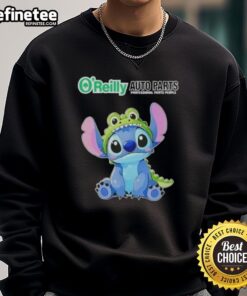 Nice Stitch Cosplay in Crocodile sweatshirt featuring Oreilly Auto Parts logo, showcasing unique fandom style.
