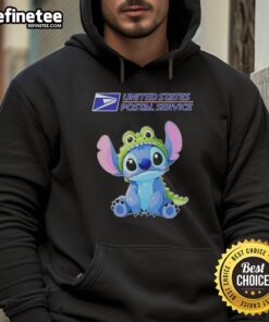 Cosplay of Nice Stitch as Crocodile wearing a USPS hoodie, showcasing vibrant colors and detailed stitching.