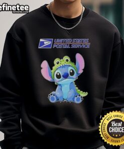 Cosplayer wearing a Nice Stitch Crocodile X USPS sweatshirt, showcasing vibrant colors and detailed design.