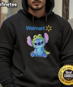 Cosplay featuring Nice Stitch and Crocodile characters wearing a Walmart hoodie, showcasing vibrant colors and playful design.