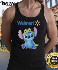 Cosplayer in Nice Stitch outfit with Crocodile and Walmart tank top, showcasing vibrant colors and detailed design.