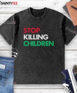 Nice Stop Killing Children washed t-shirt featuring a bold graphic design and a comfortable fit for casual wear.