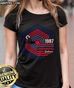 Ladies tee featuring the Demogorgon logo from Stranger Things, set in Hawkins, Indiana, 1987. Perfect for fans!