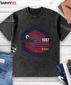 Alt Text: Vintage 'Stranger Things' Demogorgon logo t-shirt from Hawkins, Indiana, 1987, featuring a washed design.