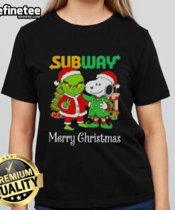 Nice Subway X Grinch and Snoopy Merry Christmas Ladies Tee featuring festive design for holiday cheer.