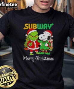 Alt Text: Nice Subway X Grinch and Snoopy Merry Christmas T-Shirt featuring festive designs for holiday cheer.