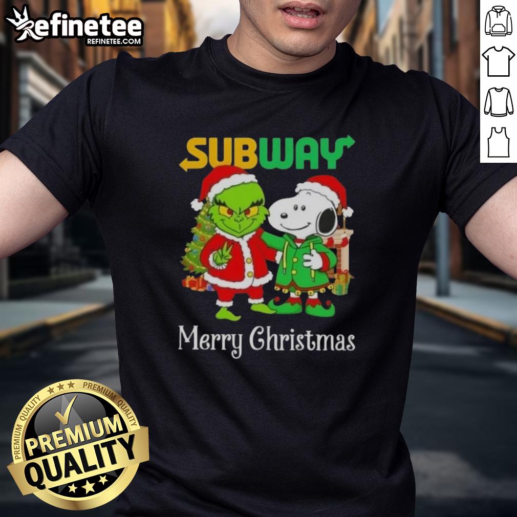 nice-subway-x-grinch-and-snoopy-merry-christmas-t-shirt-1 Alt Text: Nice Subway X Grinch and Snoopy Merry Christmas T-Shirt featuring festive designs for holiday cheer.