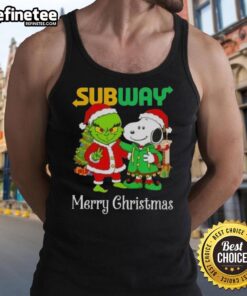 Alt Text: Merry Christmas tank top featuring Grinch and Snoopy designs, perfect for festive subway rides and holiday celebrations.