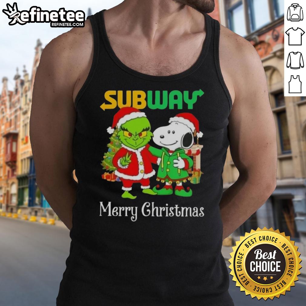 nice-subway-x-grinch-and-snoopy-merry-christmas-tank-top Alt Text: Merry Christmas tank top featuring Grinch and Snoopy designs, perfect for festive subway rides and holiday celebrations.
