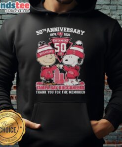 Alt Text: Tampa Bay Buccaneers hoodie featuring Snoopy and Charlie Brown for the 50th Anniversary 1976-2026.