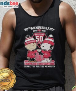 Stylish Tampa Bay Buccaneers tank top featuring Snoopy and Charlie Brown for the 50th Anniversary 1976-2026.
