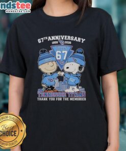 Alt Text: Stylish Tennessee Titans outfit featuring Snoopy and Charlie Brown, celebrating their 67th anniversary, ladies tee.