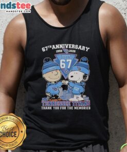 Alt Text: Stylish Tennessee Titans outfit featuring Snoopy and Charlie Brown tank top, celebrating their 67th anniversary (1959-2026).