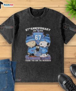 Alt Text: Stylish Tennessee Titans outfit featuring Snoopy and Charlie Brown 67th Anniversary washed t-shirt, 1959-2026.
