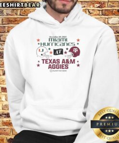 Nice Texas A&M Aggies vs Miami Hurricanes 2025 CFP First Round Matchup Hoodie featuring team logos and vibrant colors.