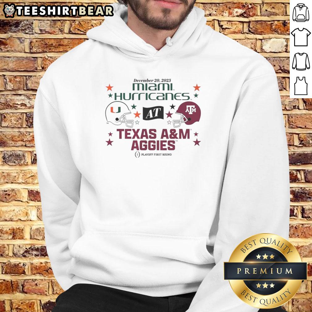 nice-texas-am-aggies-miami-hurricanes-2025-cfp-first-round-matchup-hoodie Nice Texas A&M Aggies vs Miami Hurricanes 2025 CFP First Round Matchup Hoodie featuring team logos and vibrant colors.
